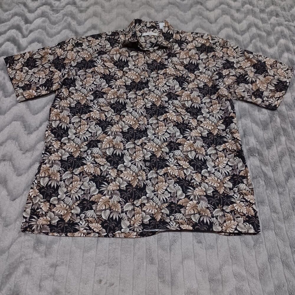 Campia Moda Mens Size L Tan Leaf Short Sleeve Hawaiian Button Up Shirt